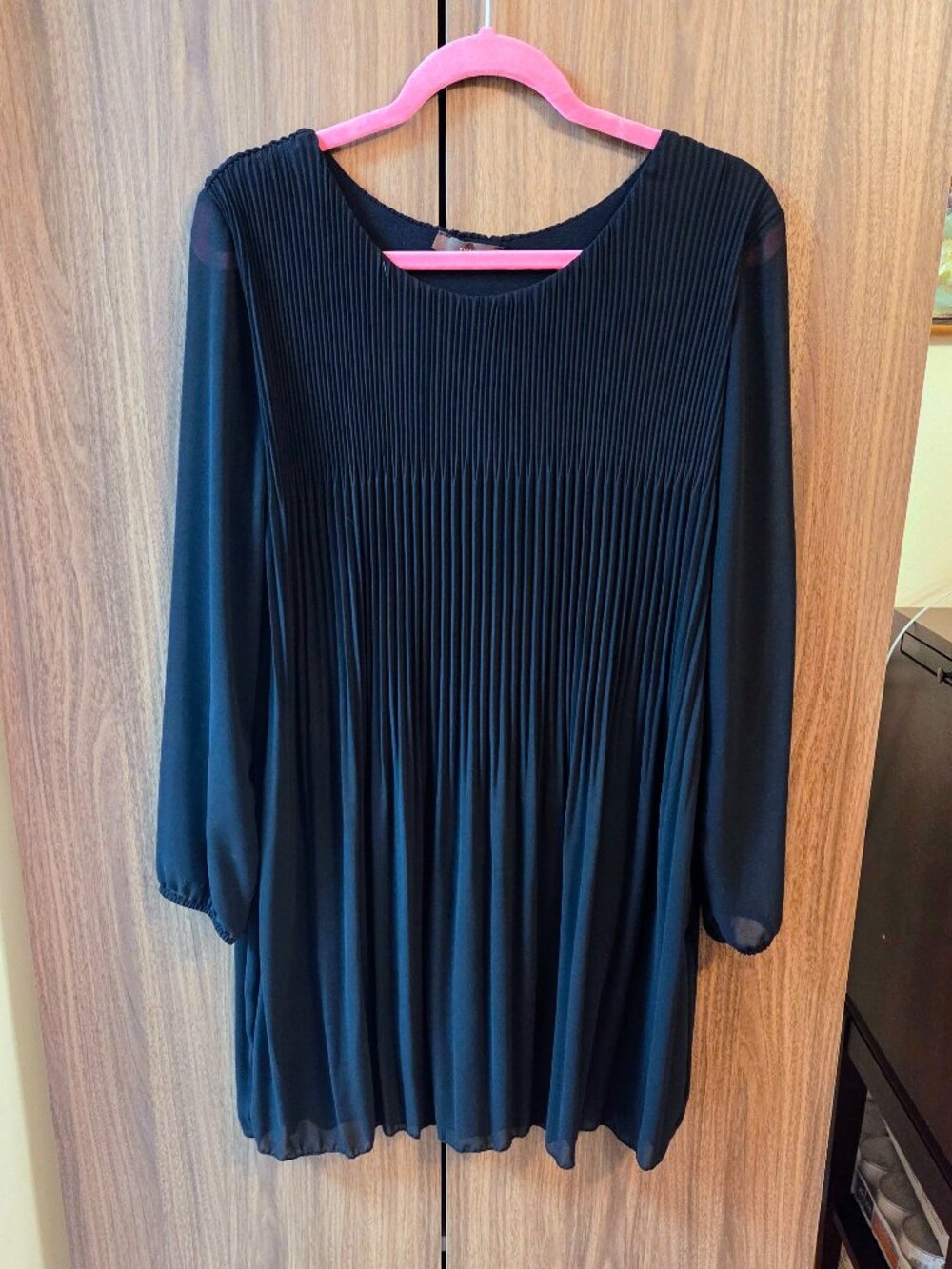 ILVA sz S European brand Black long-sleeve micro-pleated Mini Dress Sheer Sleeve
